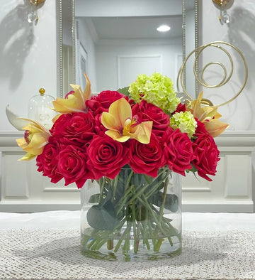 Real Touch Red French Roses Centerpiece for Dining Table in Glass Vase
